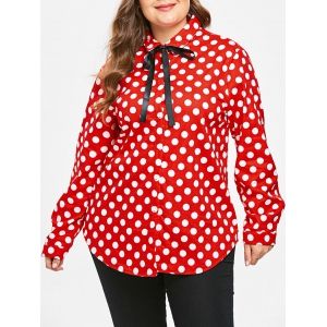 

Plus Size Polka Dot Fleece Contrast Shirt, Red