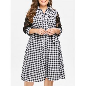 

Plus Size Plaid Shirt Dress with Lace Insert, Black