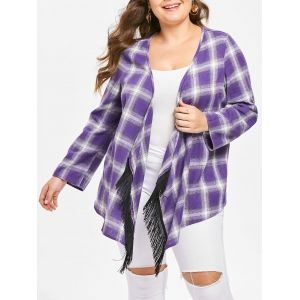 

Plus Size Open Front Plaid Coat with Fringed, Multi