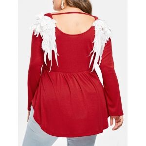 

Plus Size Cutout Embroidered Wings Peplum Tee, Red