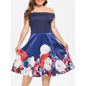 

Plus Size Off The Shoulder Floral Print Pin Up Dress, Deep blue