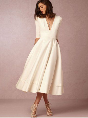 Plunging Neck A Line Mid Calf Dress