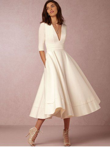 Plunging Neck A Line Mid Calf Dress