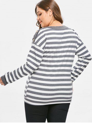 

Buttons Detail Plus Size Striped T-shirt, Gray