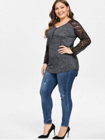 

Plus Size Buttons Long Sleeves Tee with Lace, Multi