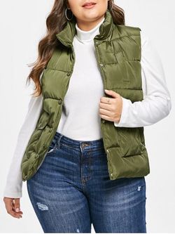 Plus Size Stand Collar Pockets Padded Waistcoat - ARMY GREEN - L