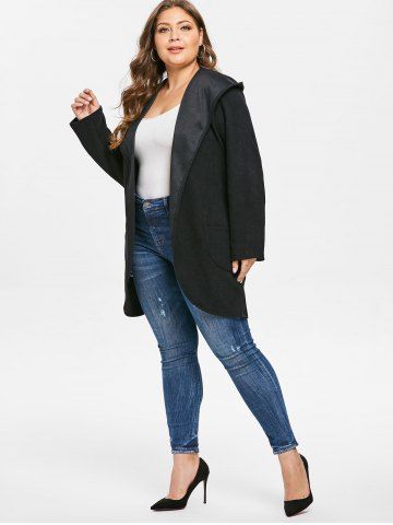 

Plus Size Pockets Open Front Hooded Coat, Black
