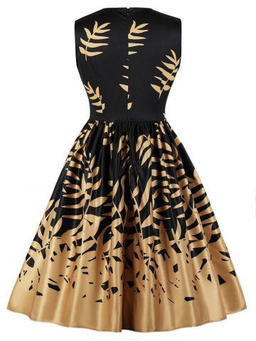 

Vintage Leaves Print Fit and Flare Dress, Black