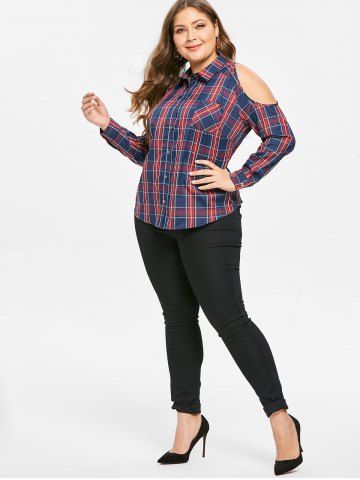 

Plus Size Long Sleeves Cold Shoulder Plaid Shirt, Multi