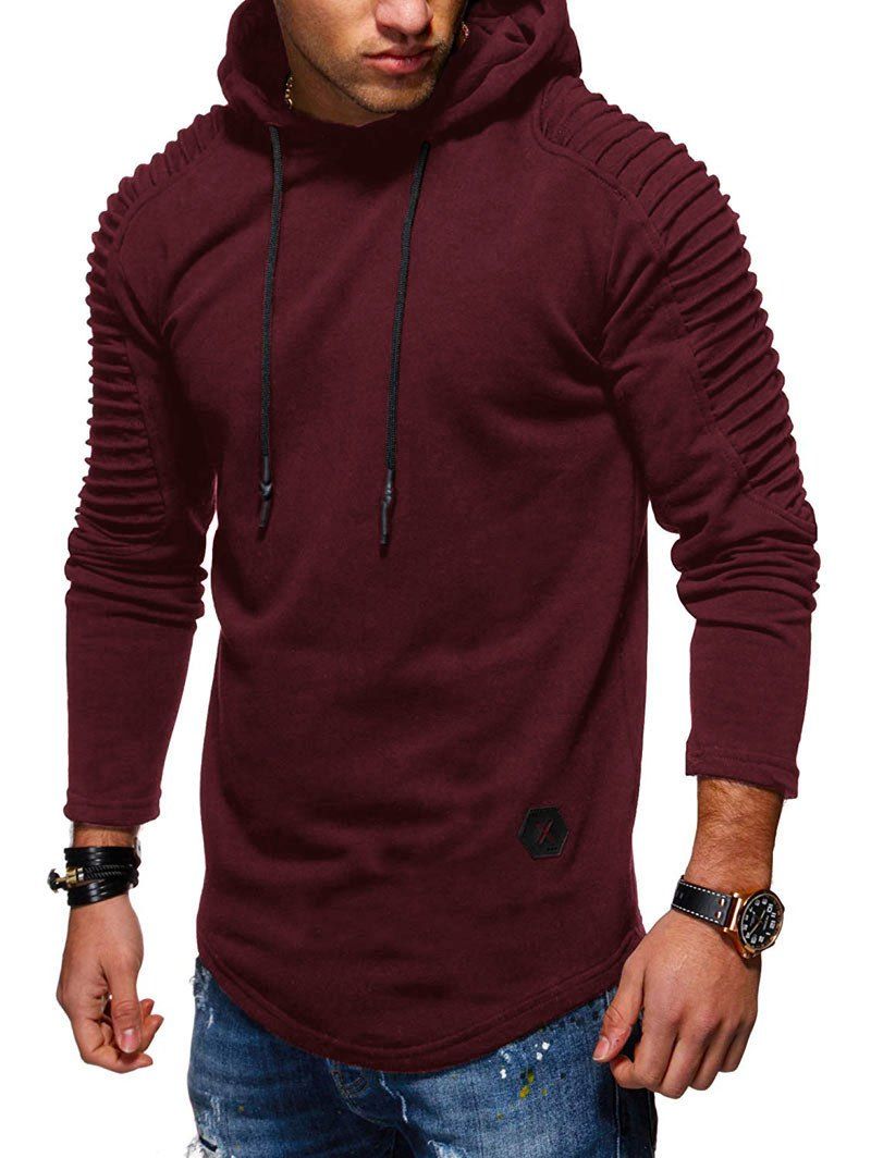

Solid Pleated Sleeve Hem Curved Long Fleece Hoodie, Red wine