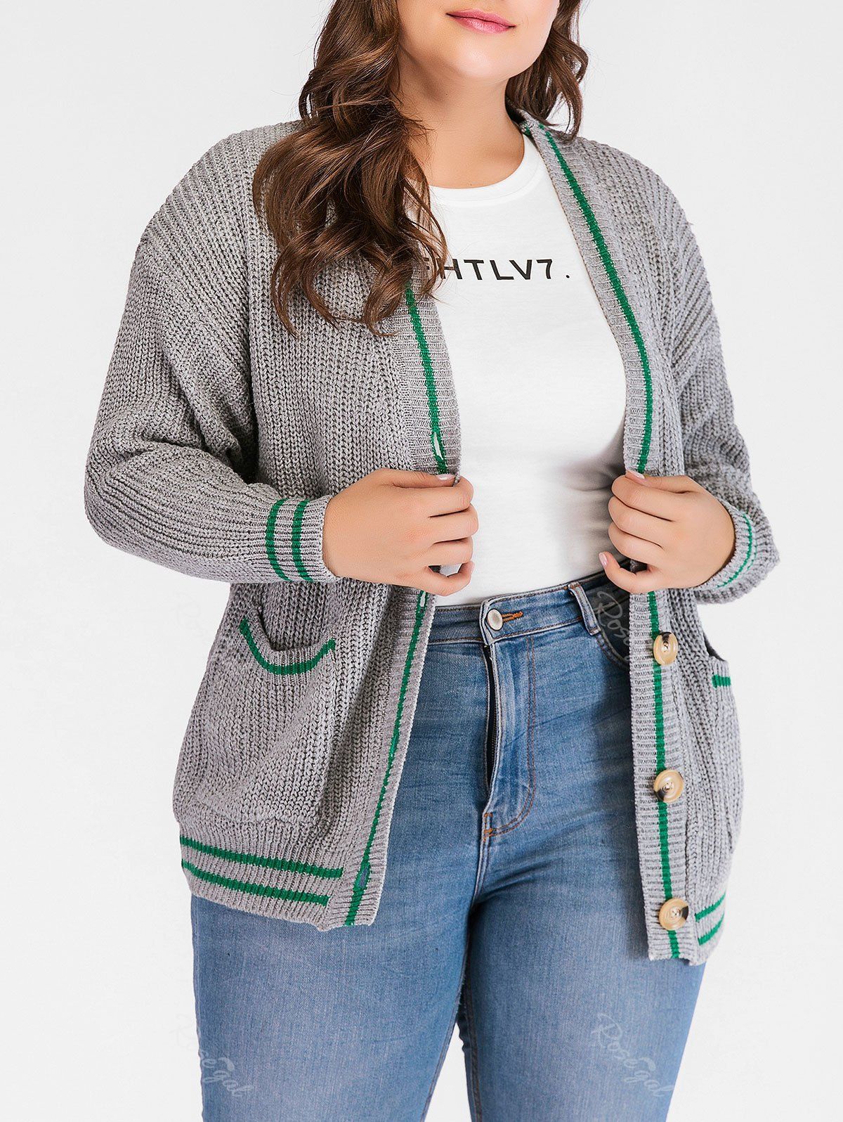 

Plus Size Pockets Two Tone Cardigan, Gray