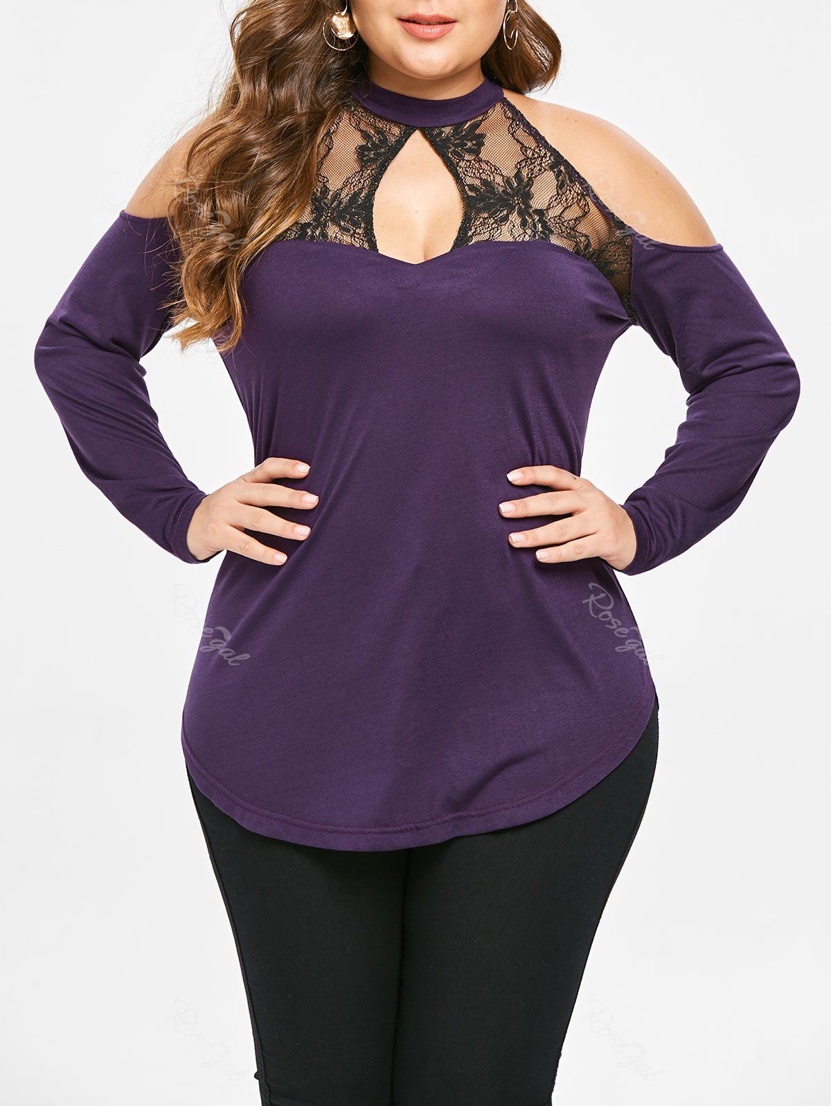 

Plus Size Lace Panel Cold Shoulder Keyhole Tee, Purple