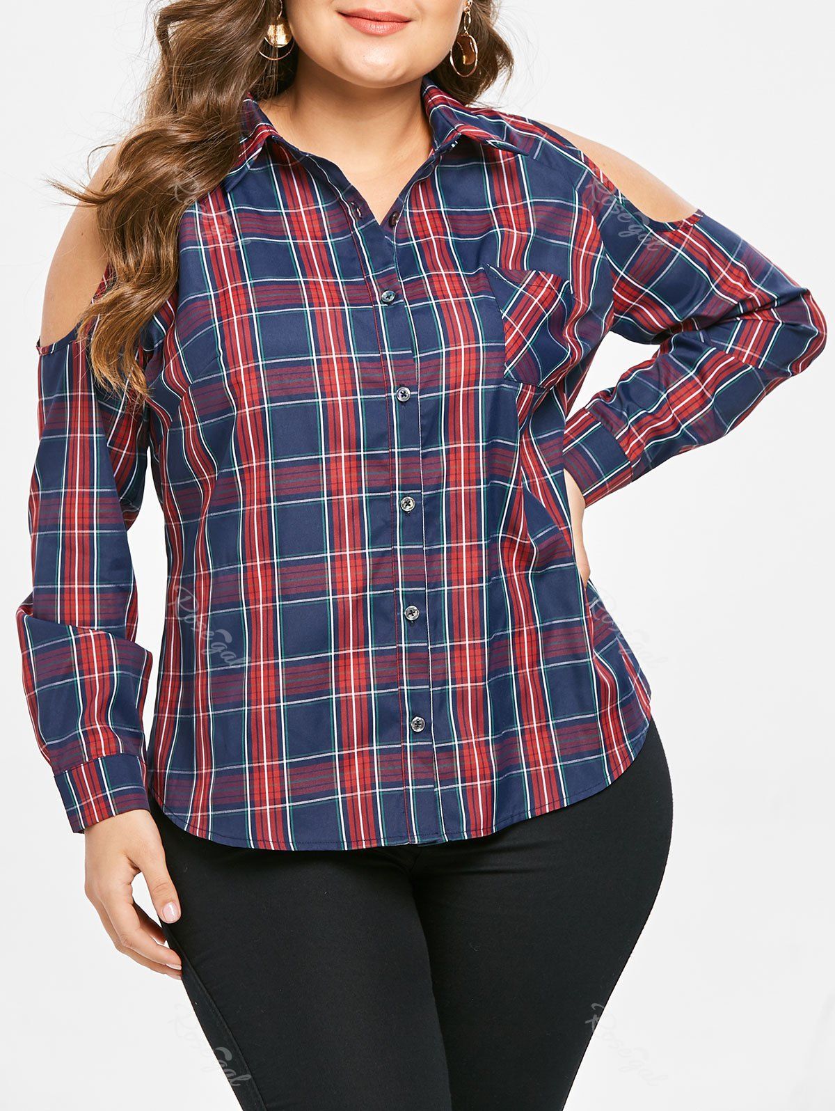 

Plus Size Long Sleeves Cold Shoulder Plaid Shirt, Multi