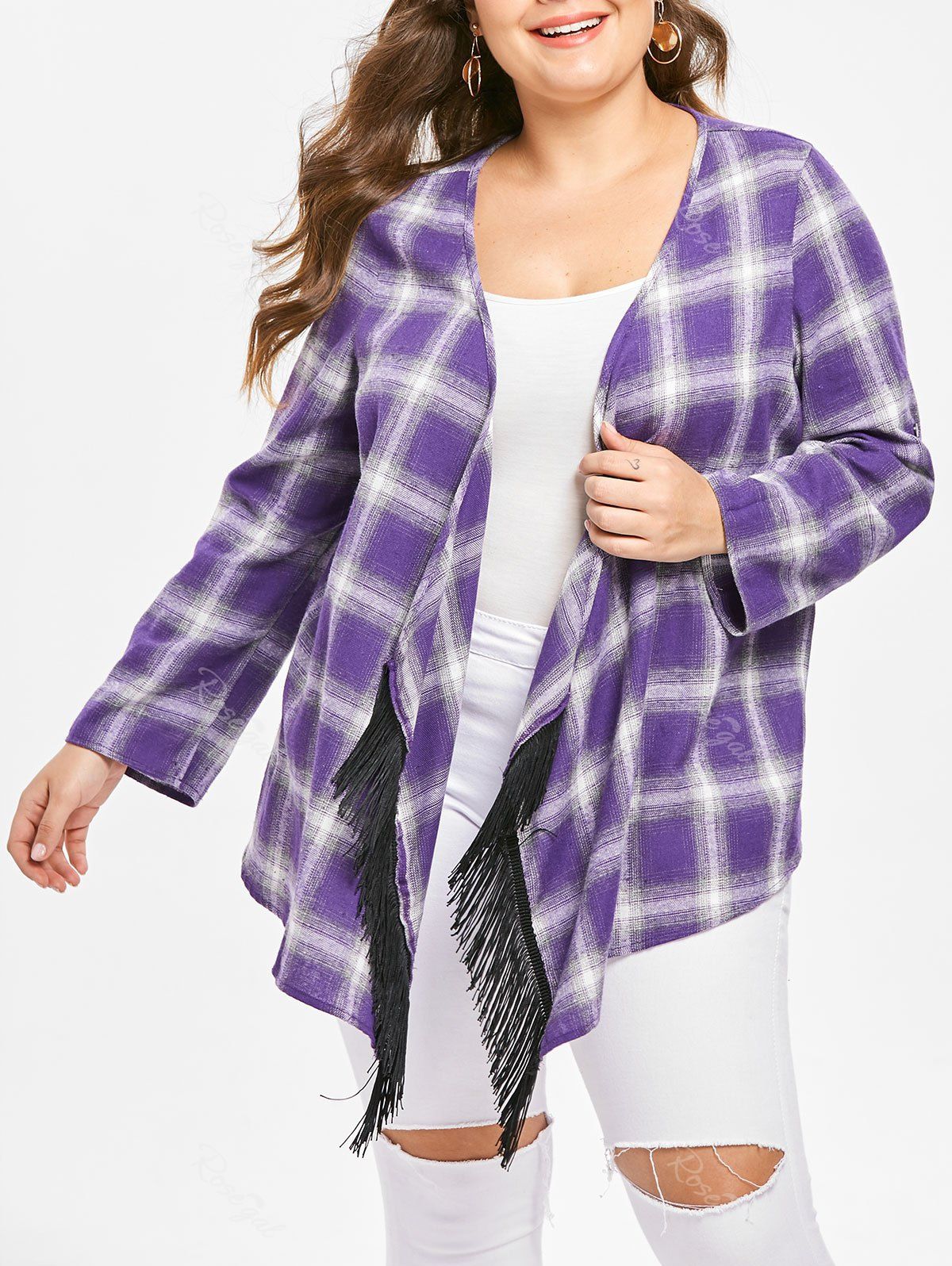 

Plus Size Open Front Plaid Coat with Fringed, Multi