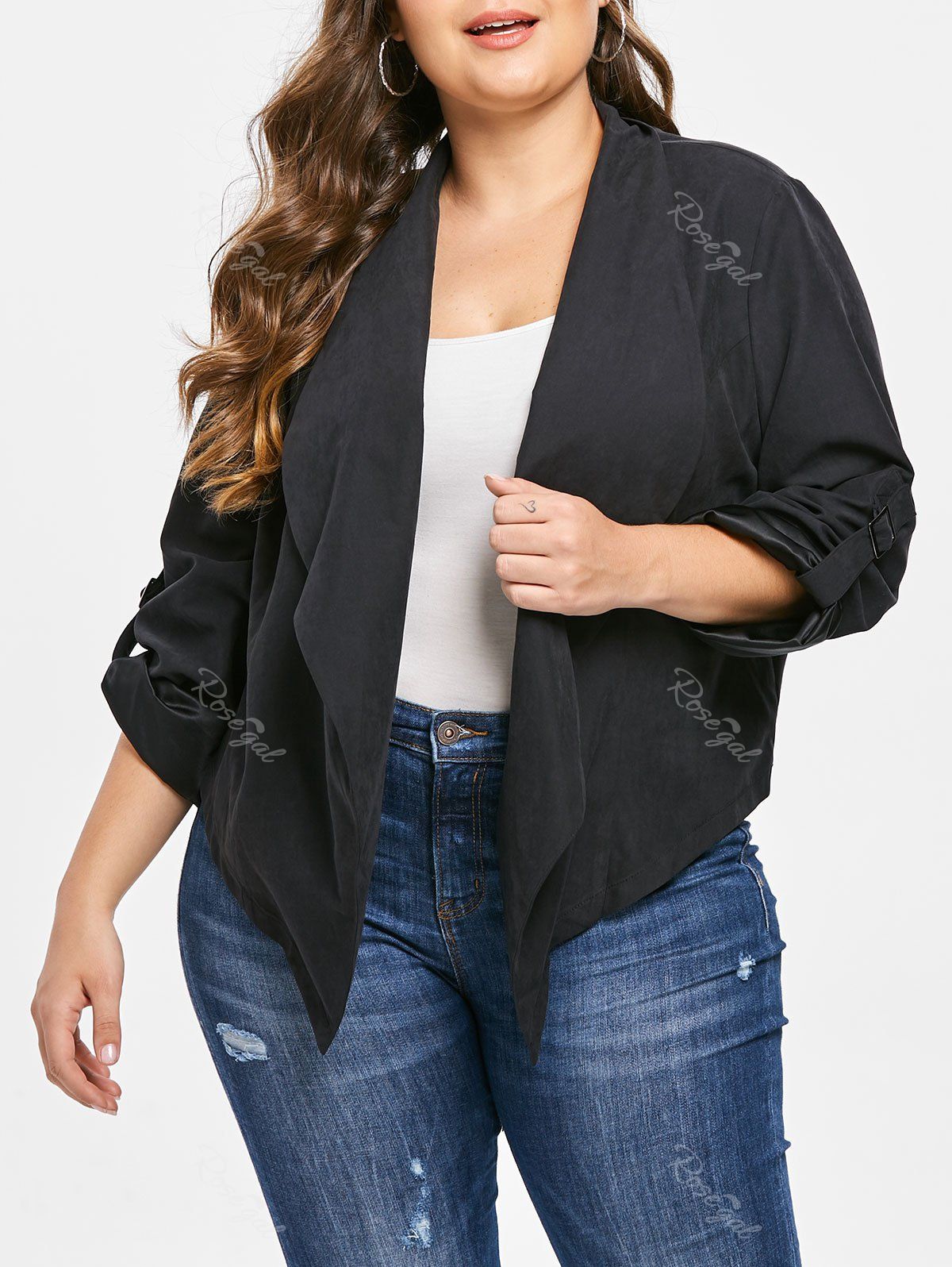 

Plus Size Solid Color Open Front Jacket, Black