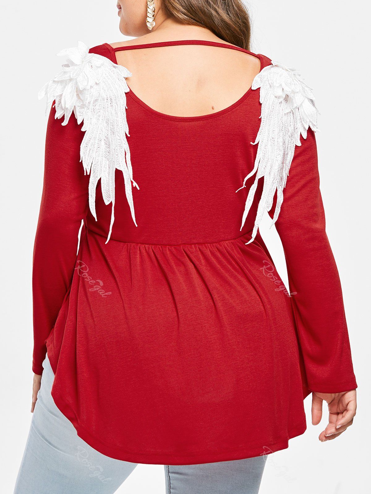 

Plus Size Cutout Embroidered Wings Peplum Tee, Red