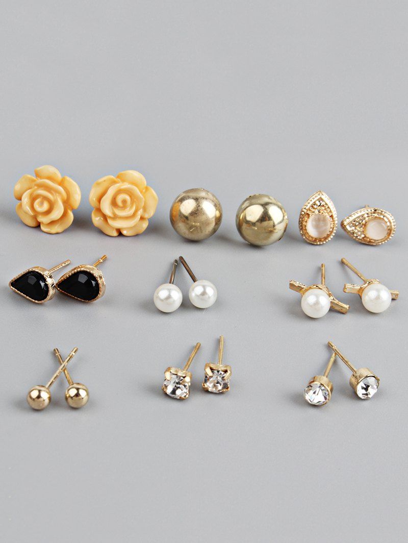 

Rose Flower Rhinestone Stud Earrings Set, Gold