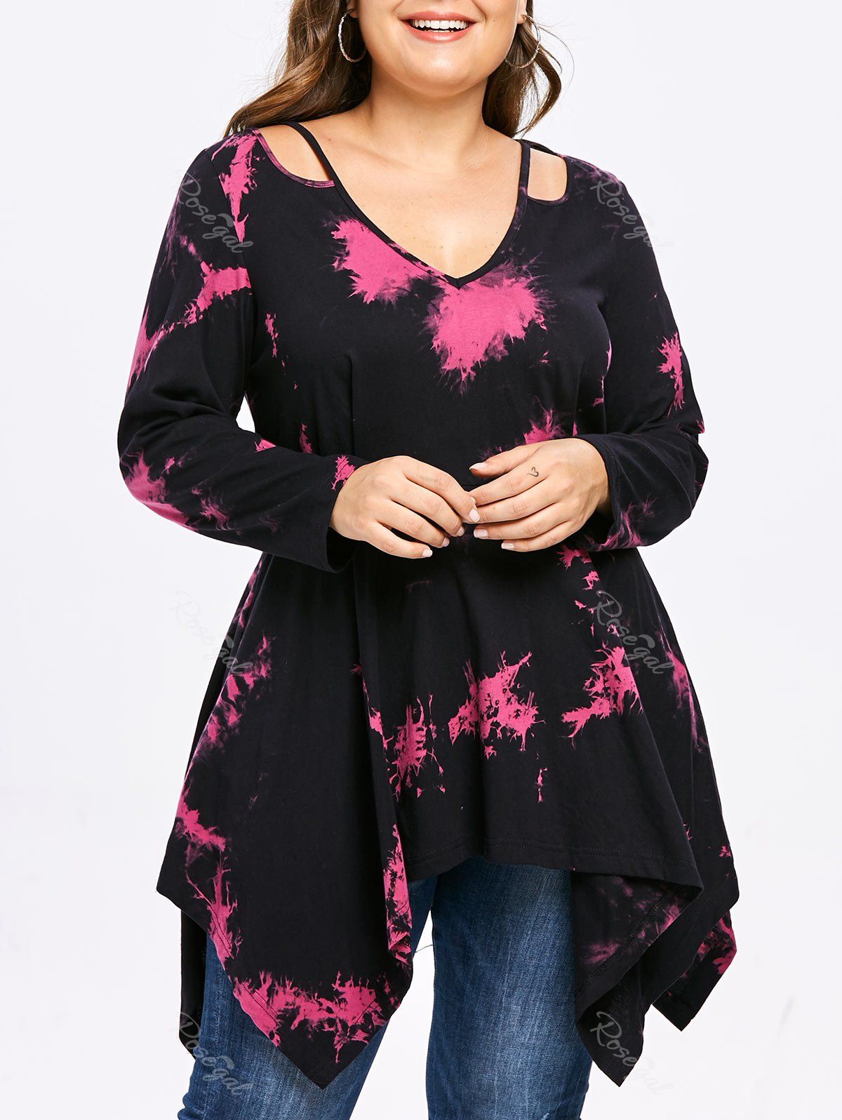 

Plus Size Cutout Handkerchief Tie Dye Tunic Top, Black