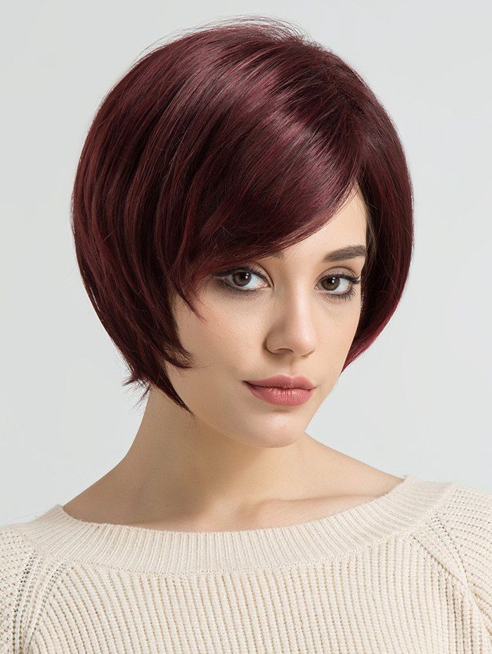 

Inclined Bang Short Party Straight Synthetic Wig, Red wine