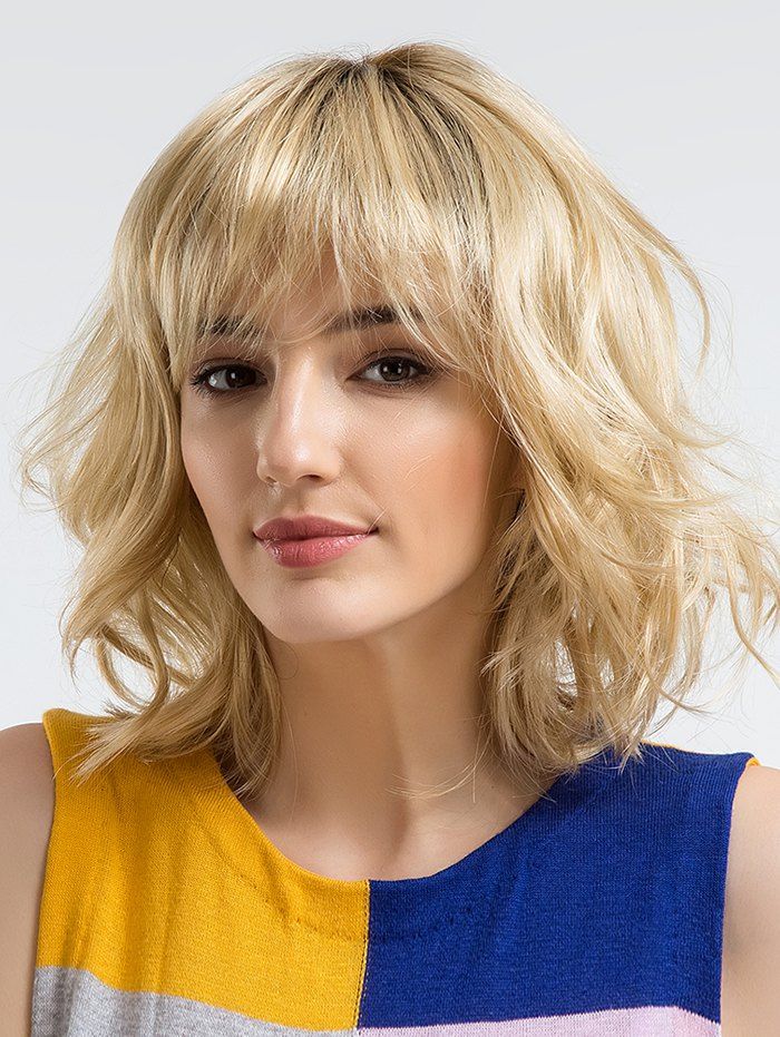 

Oblique Bang Colormix Short Natural Wavy Synthetic Wig, Blonde