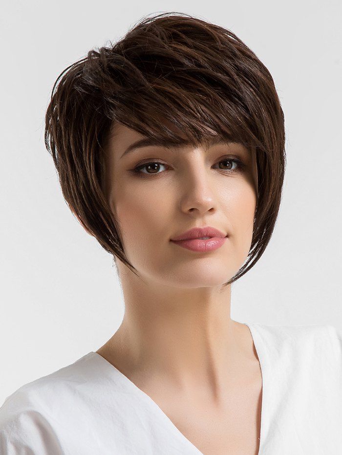 

Inclined Bang Layer Short Straight Synthetic Wig, Brown