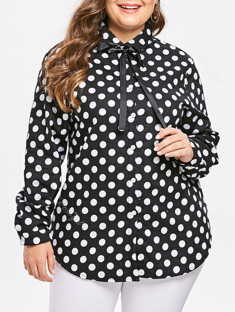 

Plus Size Polka Dot Fleece Contrast Shirt, Black