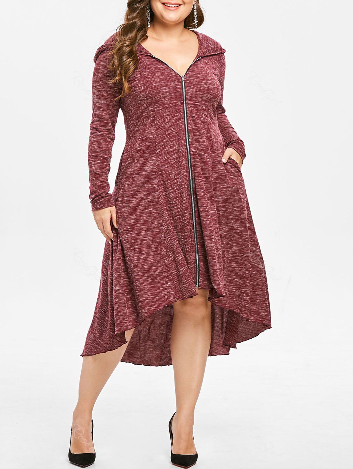 Plus Size Zip Front Hooded Long Sleeve High Low Dress, Cherry red