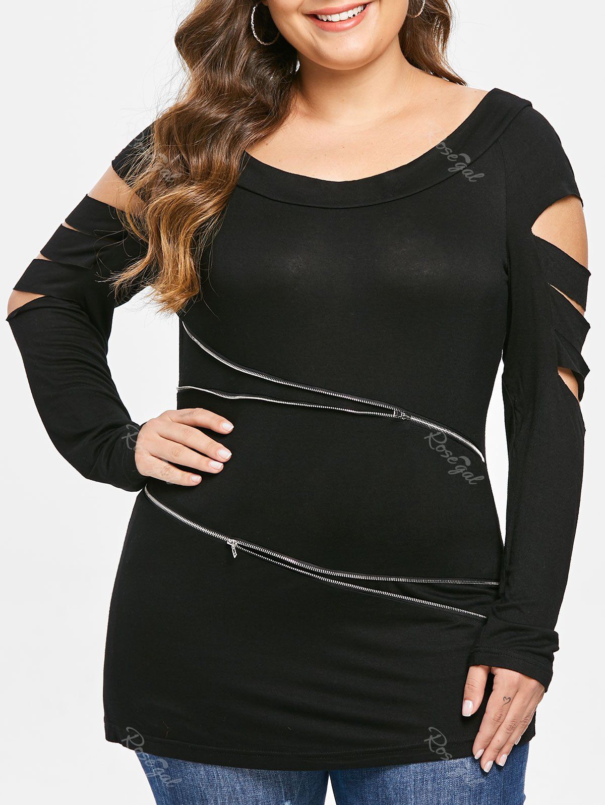 

Plus Size Zippered Ladder Cut Out Tee, Black