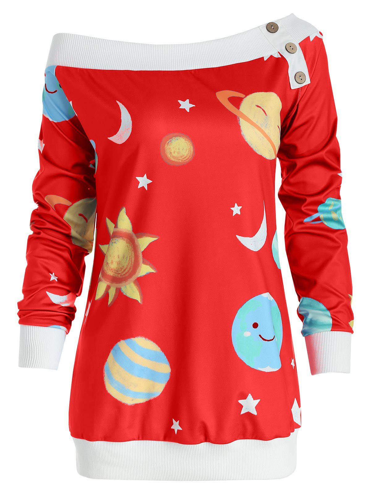 

Sun and Moon Print Skew Neck Sweatshirt, Ruby red