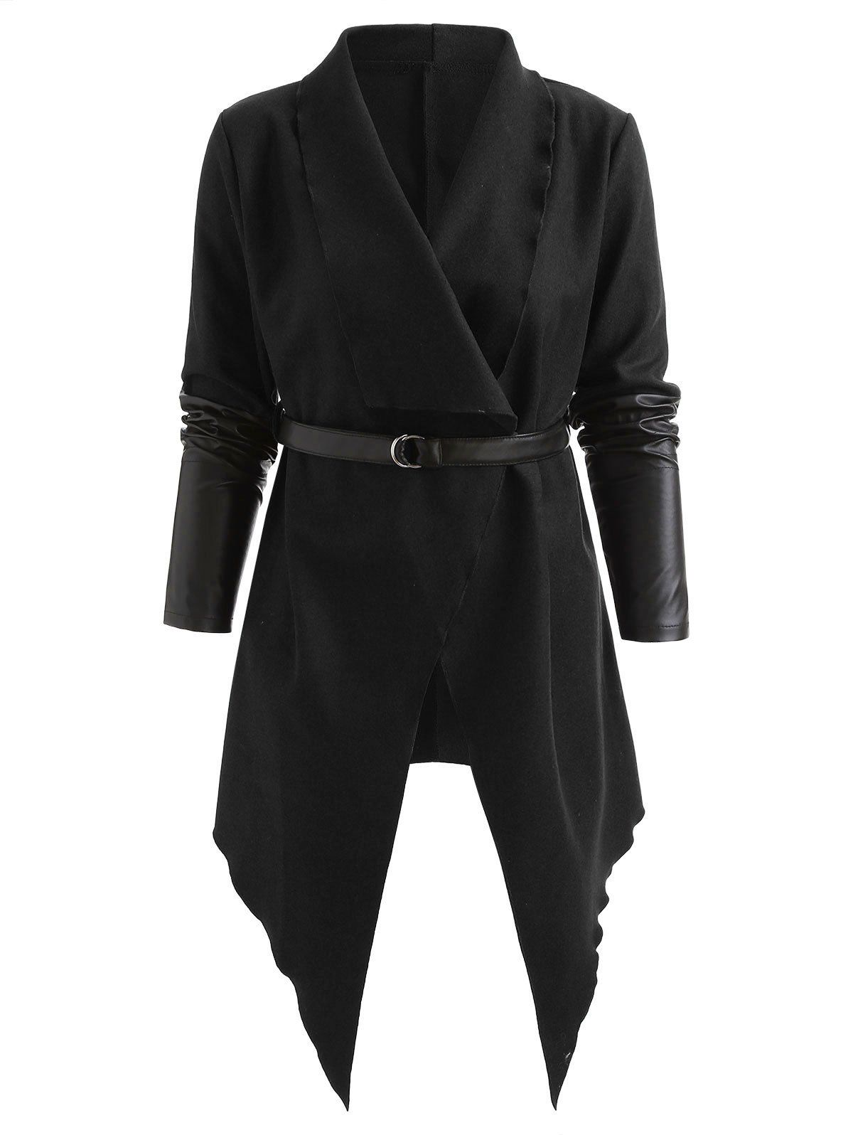 Contrast Colo Asymmetrical Belted Long Coat, Black