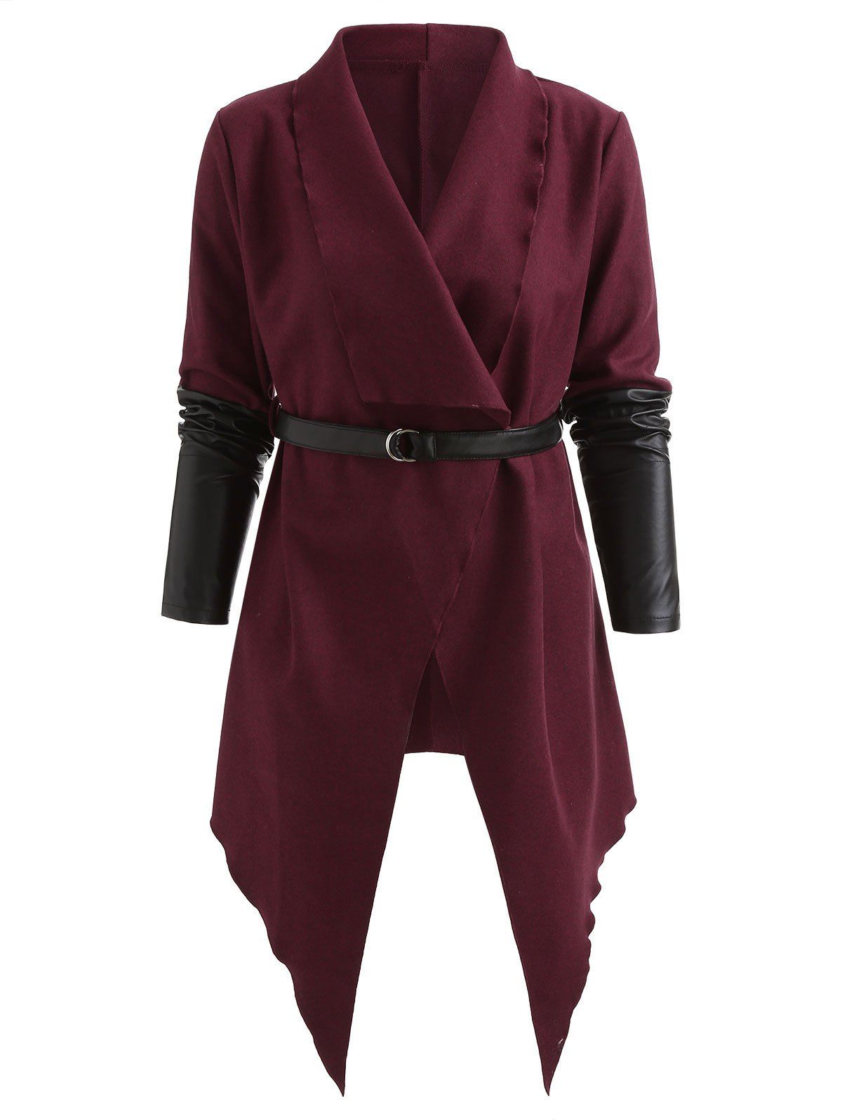 Contrast Colo Asymmetrical Belted Long Coat, Red wine