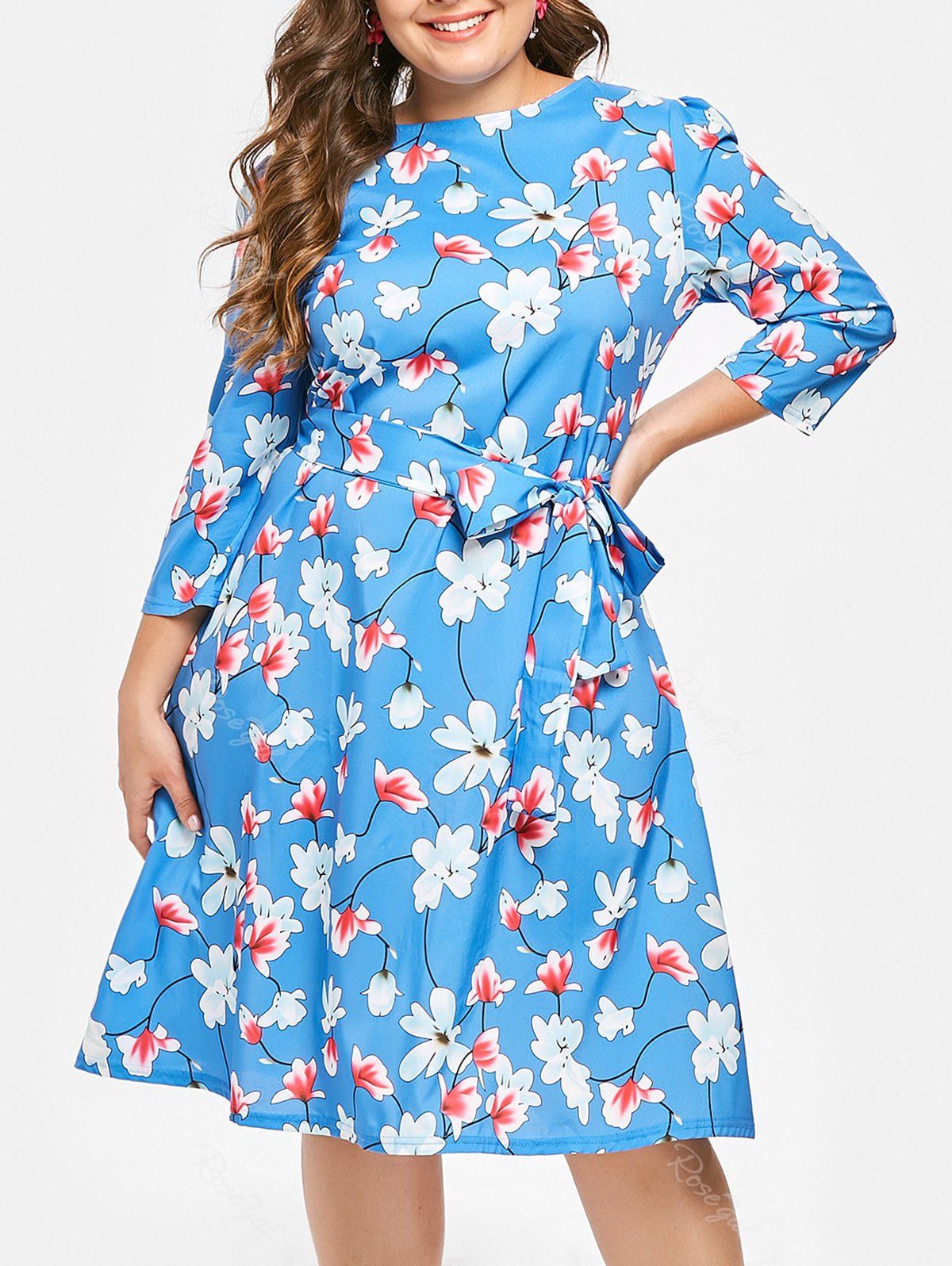 

Floral Print Plus Size A Line Dress with Belt, Light blue