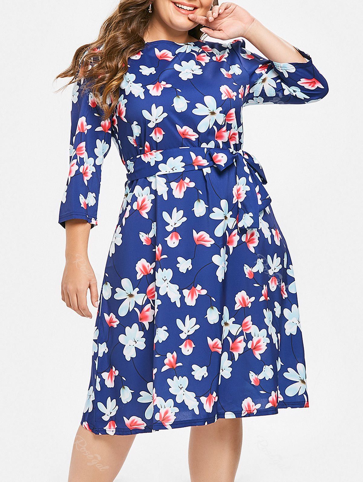 

Floral Print Plus Size A Line Dress with Belt, Blue