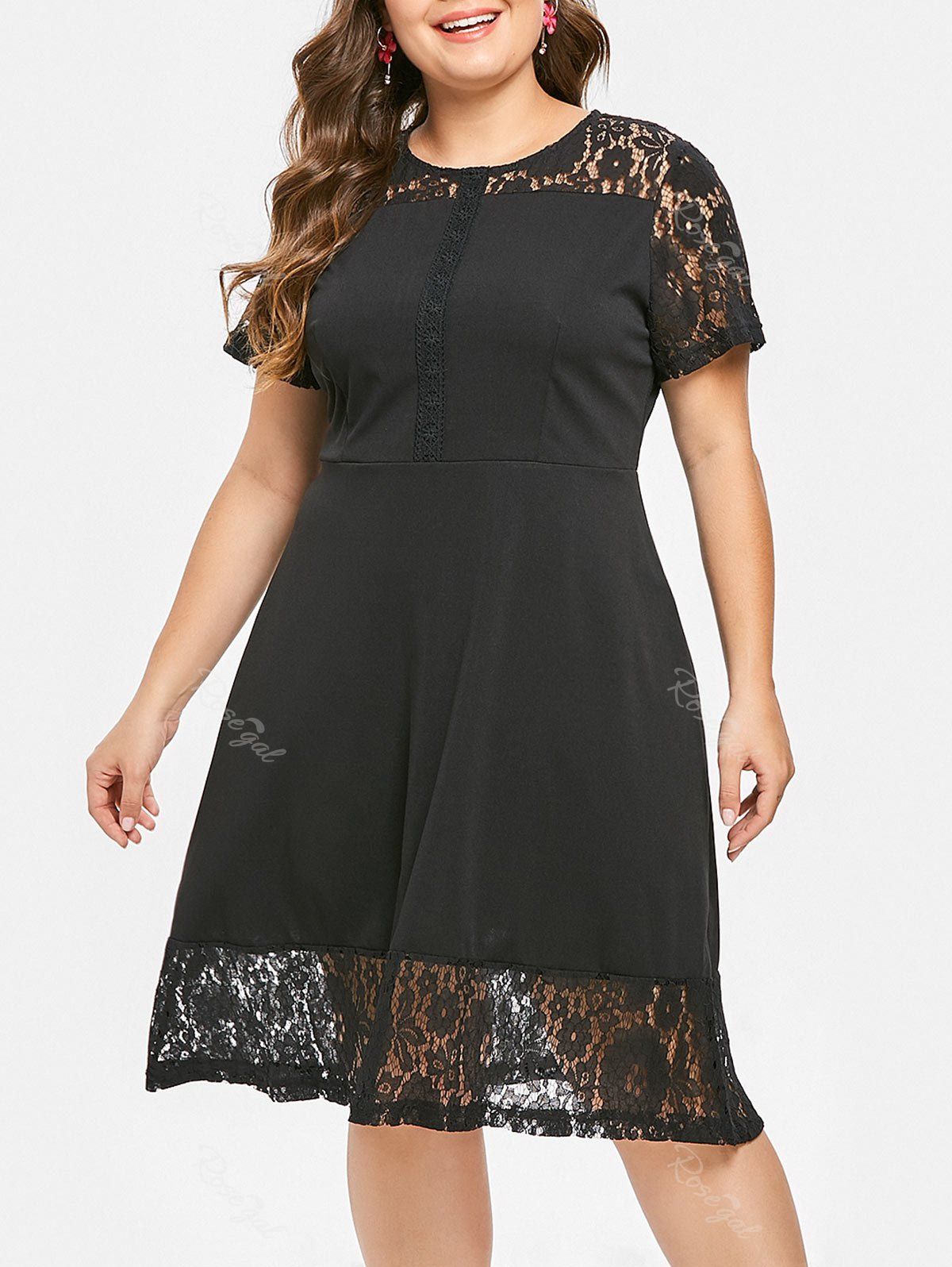 

Lace Panel Plus Size Short Sleeve A Line Dress, Black