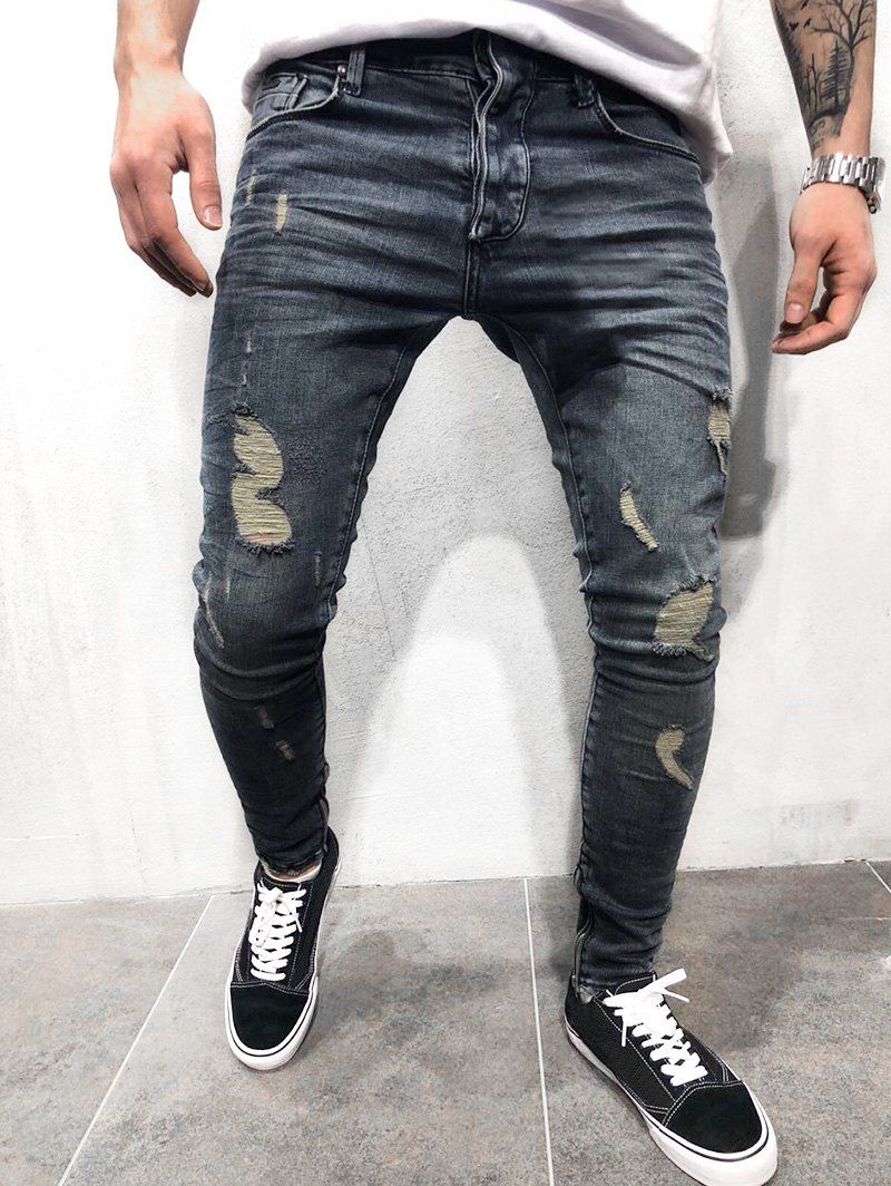 

Distressed Zip Fly Skinny Jeans, Marble blue