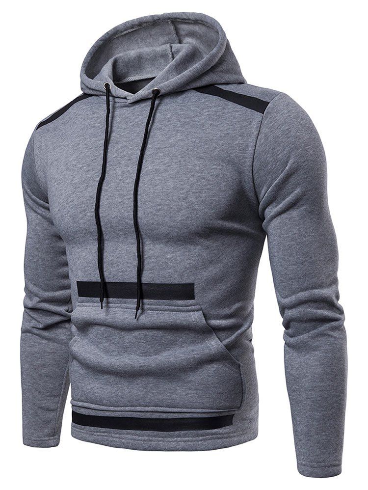 

Stripe Print Pouch Pocket Pullover Fleece Hoodie, Gray