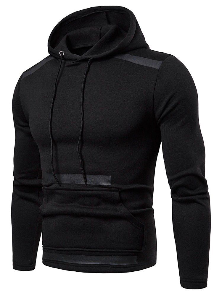 

Stripe Print Pouch Pocket Pullover Fleece Hoodie, Black