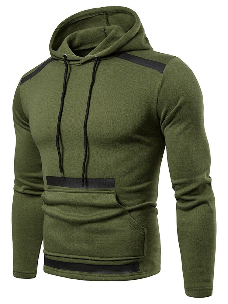 

Stripe Print Pouch Pocket Pullover Fleece Hoodie, Army green
