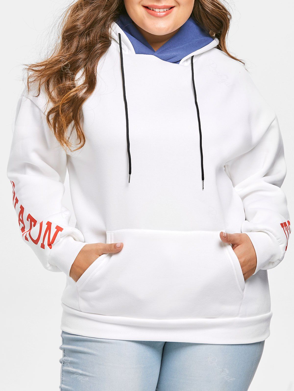 

Plus Size Pullover Letters Hoodie with Pocket, White