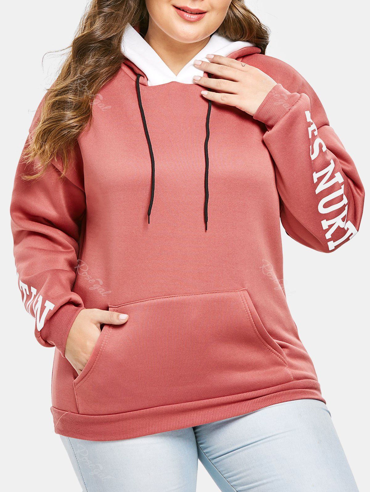 

Plus Size Pullover Letters Hoodie with Pocket, Bean red