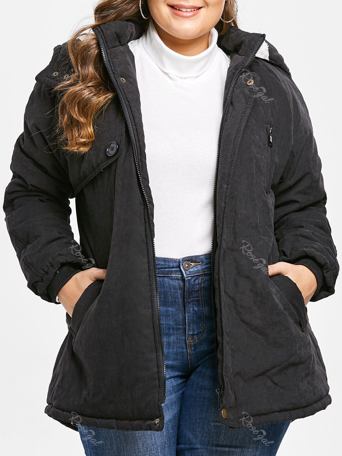 

Zip Embellished Plus Size Hooded Coat, Black
