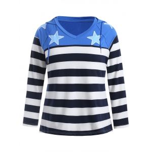 

Striped Panel Plus Size Star Print Hoodie, Blueberry blue