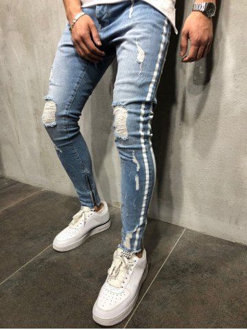 

Striped Spliced Destroyed Casual Jeans, Light blue