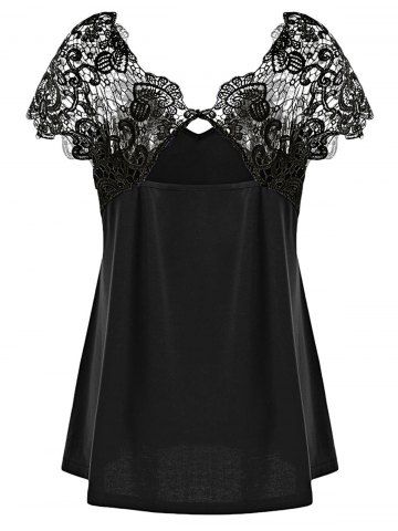 

V Neck Plus Size Lace Trim Cutwork T-Shirt, Black
