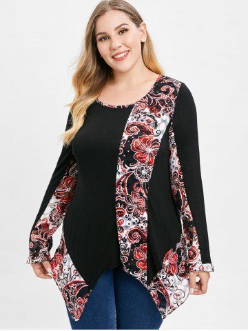 

Asymmetrical Floral Print Panel Plus Size T-shirt, Black