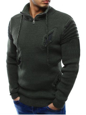 

Zipper Stand Collar Ripped Sweater, Army green