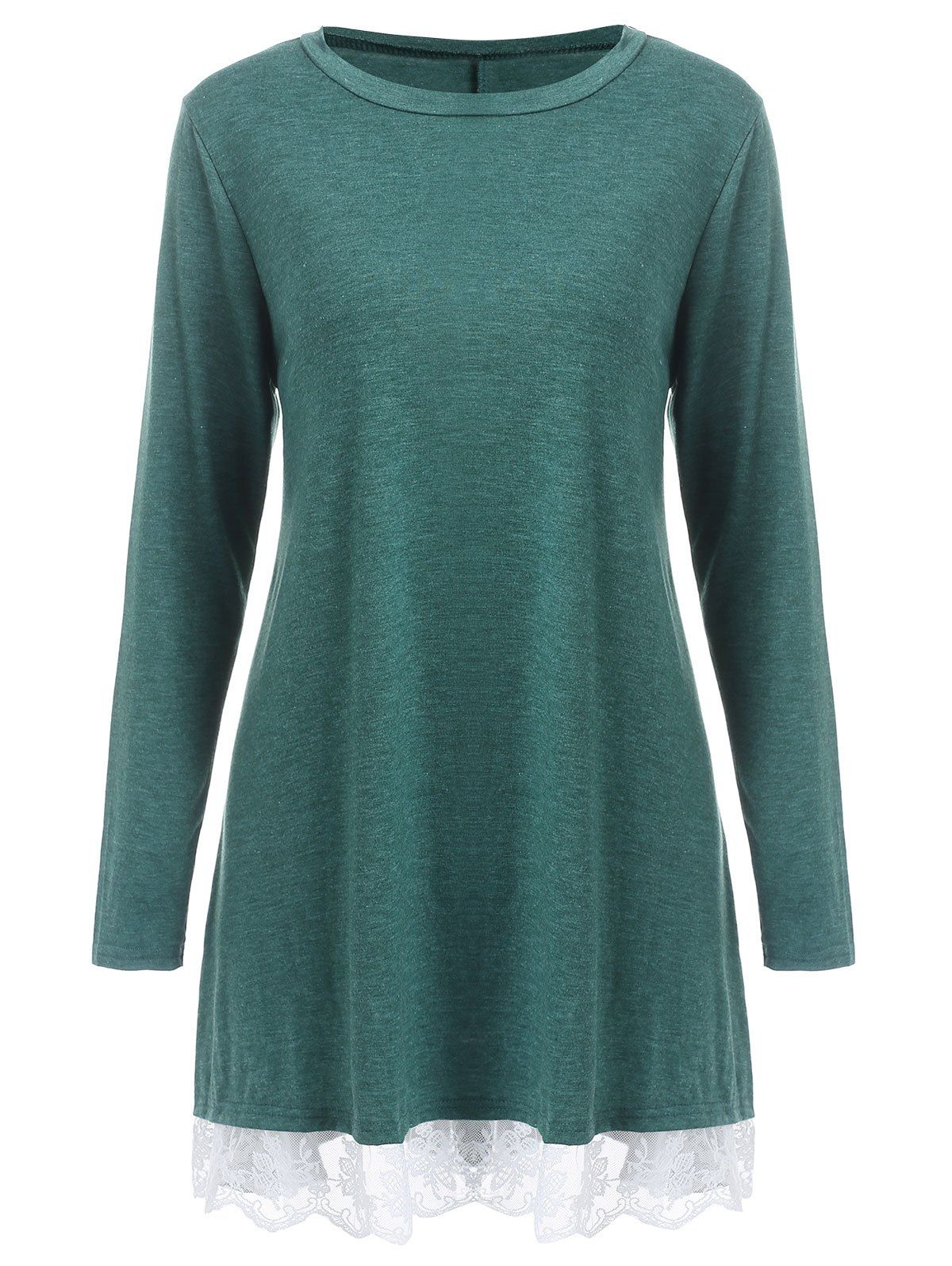 

Long Sleeve Lace Panel Tee shirt, Greenish blue