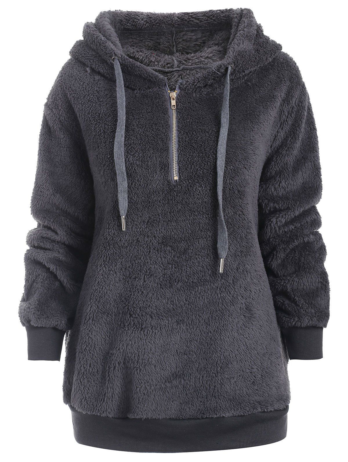 

Half Zipper Drawstring Fluffy Hoodie, Dark gray