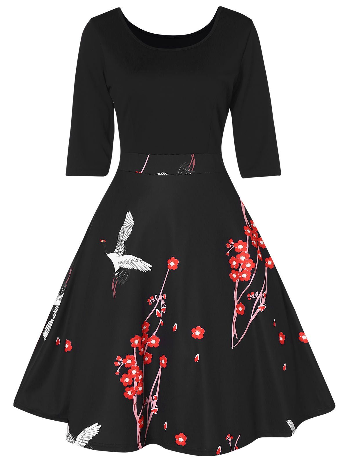 

Bird and Floral Print High Waist Dress, Black