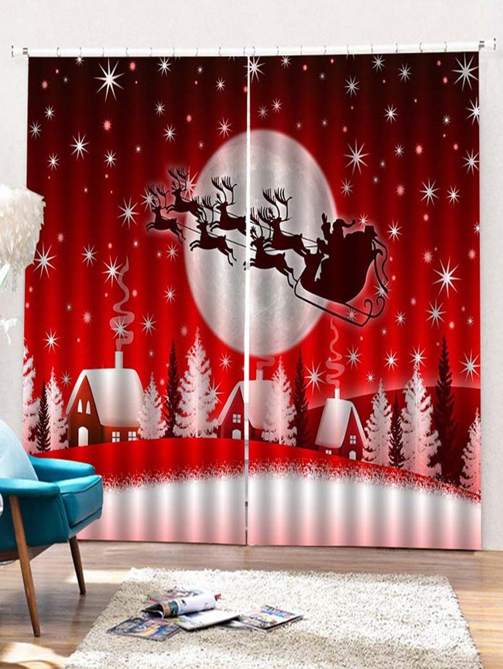 

2PCS Christmas Deer Printed Window Curtains, Lava red